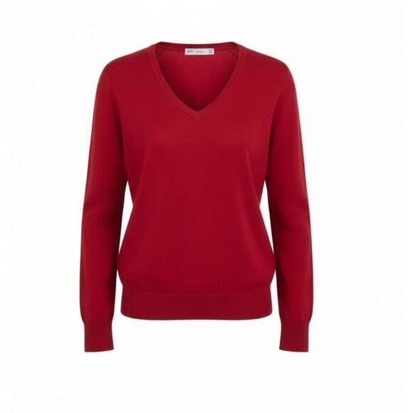 Zara Sweaters - Zara V-Neck Knit Raglan Long Sleeve Cotton Blend Pullover Sweater Red Medium
